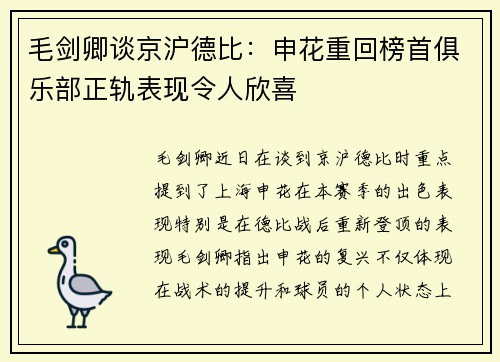 毛剑卿谈京沪德比：申花重回榜首俱乐部正轨表现令人欣喜